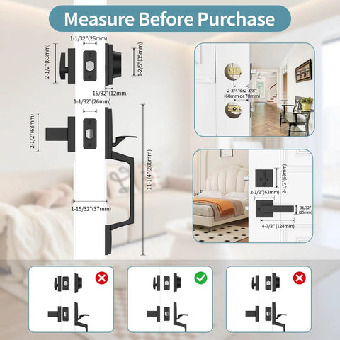 Dimensions and installation guide for Heavy Duty Matte Black Front Door Lock Set With Deadbolt Modern Exterior Door Handle Reversible.