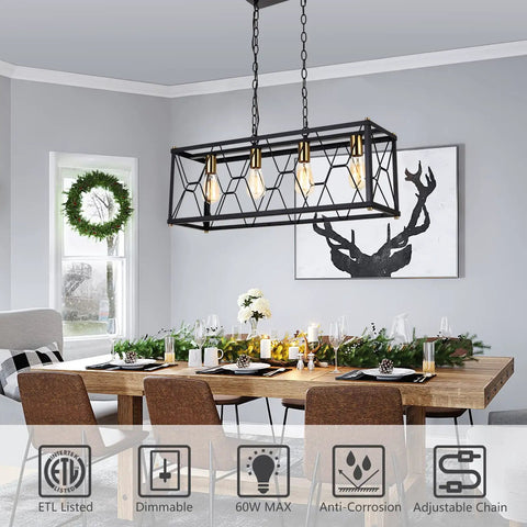 Industrial Kitchen Island Pendant Light Fixture With Black Metal Cage And Brass Gold Accents, dining room view