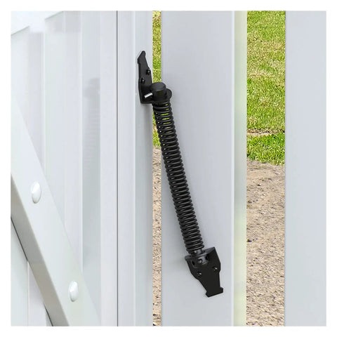 Beefy Automatic Gate Closer Tension Spring in carbon steel on a white wooden gate, shown from side view.
