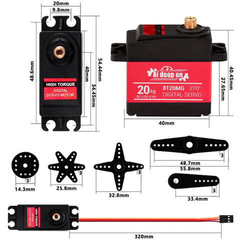 2-Pack 20KG High Torque RC Servo With Full Metal Gear Waterproof Housing 4.8-8.4V Operation 270 Degree Rotation parts and dimensions