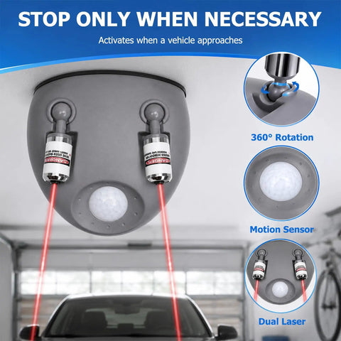 Dual Laser Garage Parking Assist With 360 Degree Adjustable Sensors And Motion Activated Laser Guide ceiling unit with sensors and lasers.