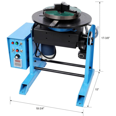 Badass Heavy Duty Rotary Welding Positioner Turntable With 30Kg Load Capacity Adjustable 0 To 90 Degree Tilt 110V Powered 3Jaw Chuck view from side with controls and motor.
