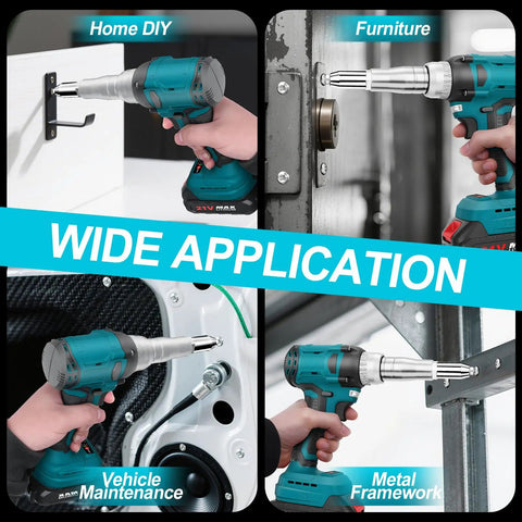 Camxtool Cordless Rivet Gun, Brushless Electric Pop Riveter Kit With Automatic Trigger used for home DIY, furniture assembly, and vehicle maintenance.