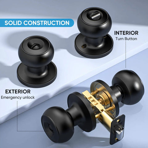 Round Door Knob Set With Deadbolt And Privacy Lock Matte Black Ball Style Door Handles For Indoor Doors Five Pack Rust Resistant Zinc Alloy With Adjustable Latch Backset 60mm Or 70mm For Easy Installation.