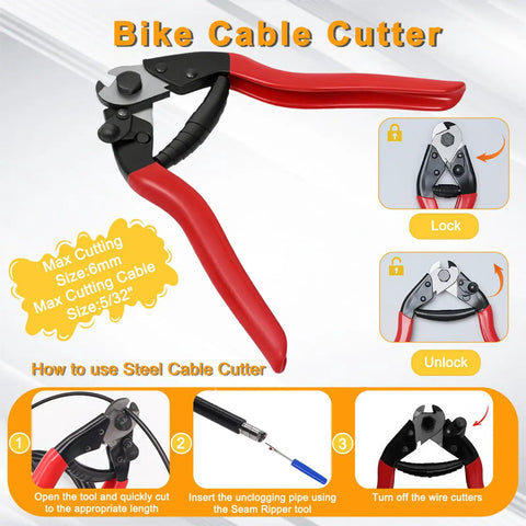 Universal Bike Cable Kit With Eight Inch Stainless Steel Wire Cutter and operation guide illustrations