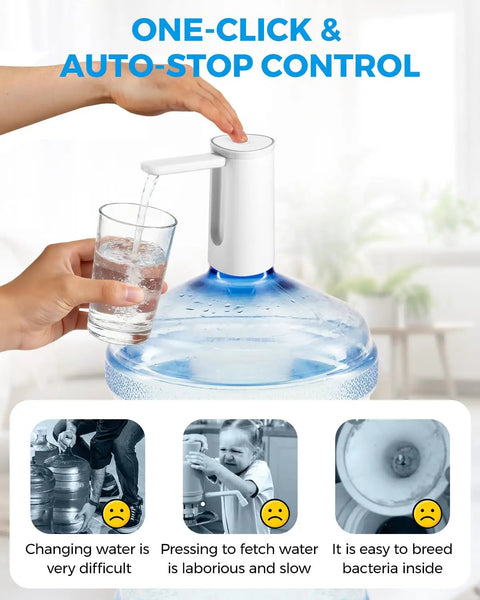 Foldable Water Dispenser for 5 Gallon Bottles With USB Charging and Auto Switch, shown in use with a filling glass.