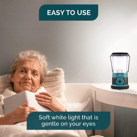 Beast 1500 Lumen Rechargeable LED Lantern With 12000mAh Power Bank on bedside table, soft light, elderly woman reading