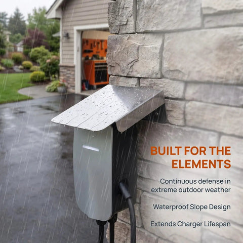 Rock Solid Stainless Steel EV Charger Protective Cover For Outdoor Charging Stations mounted on wall, shielding from rain.