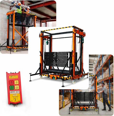 Heavy Duty Electric Scaffolding Lift Platform 1100 Lb Capacity 16.4 Ft Vertical Rise shown in use by workers at a job site.