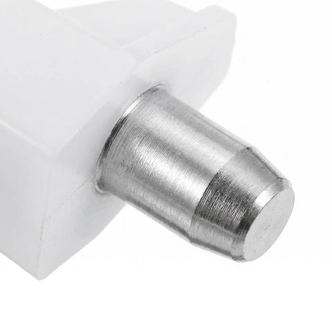 Close-up of white plastic and stainless steel pin from Sturdy Shelf Pins With Enhanced Grip 200 Pack