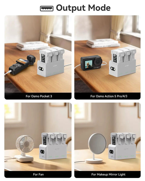 Beefed Up All In One Mini Drone Battery Charging Hub 37W Fast USB C Charger in output mode with various device setups.