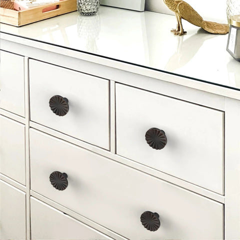 Oil Rubbed Bronze Cabinet Knob Set 10 Pack For Kitchen Cabinets Drawers And Dresser 1.45 Inch Diameter installed on a dresser