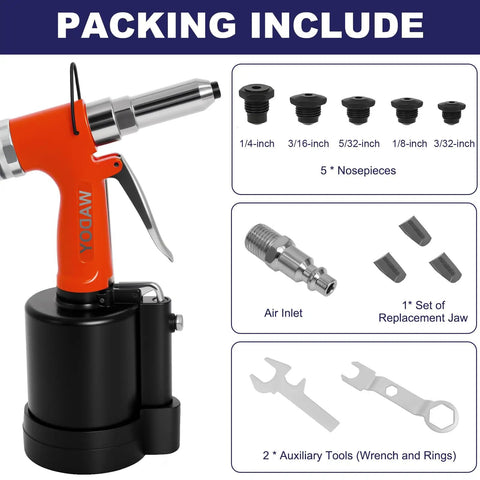 Heavy Duty Air Rivet Gun With Five Nosepieces For Automotive And Metalwork Built Tough For Quick No Fuss Riveting 3924 LBF Pneumatic Riveter Air Hydraulic Design Reducing Hand Fatigue Includes 3/32 1/8 5/32 3/16 1/4 Inch Tips shown with accessories
