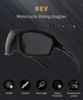 Badass Z87 Rated Photochromic Motorcycle Safety Glasses With Shatterproof Lens And Matte Black Shell displaying flexible UV400 goggles.