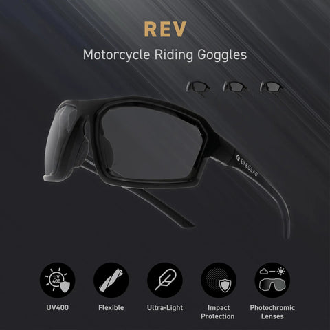 Badass Z87 Rated Photochromic Motorcycle Safety Glasses With Shatterproof Lens And Matte Black Shell displaying flexible UV400 goggles.
