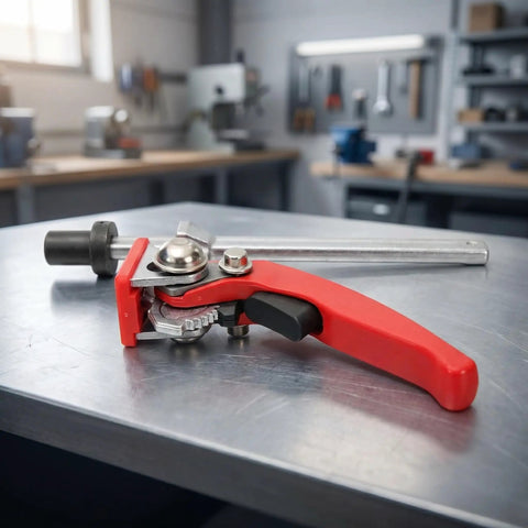 Rugged Woodworking Clamp For Workbench Dog Hole And Versatile Table Vise with red handle on metal table, 16mm size.