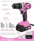21V Max pink cordless power driver drill with forward/reverse switch, variable speed trigger, and LED light.
