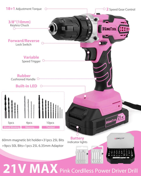 21V Max pink cordless power driver drill with forward/reverse switch, variable speed trigger, and LED light.