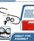 Handor compression leak-down tester kit with dual gauges, brass fittings, hose, and red carrying case