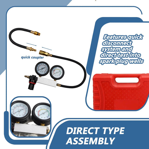 Handor compression leak-down tester kit with dual gauges, brass fittings, hose, and red carrying case