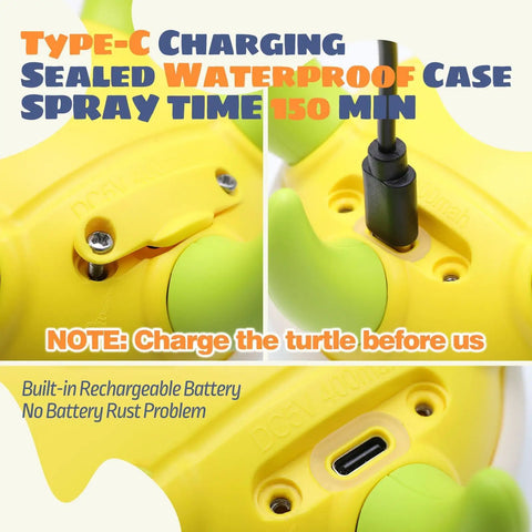 Rechargeable Turtle Bath Toy Sprinkler For Toddlers Type-C charging port and waterproof case detail
