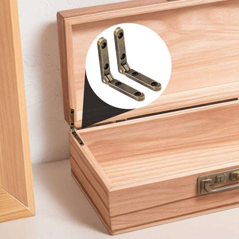Six Pack 90 Degree Wooden Box Hinges With 24 Screws Bronze Finish installed on wooden box corner for DIY projects