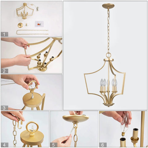 Assembly steps for Five Light Gold Pendant Chandelier For Dining Room Living Room Bedroom And Kitchen Island With Modern Style.