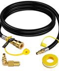 7 Foot Quick Connect Propane Hose For RV To Grill Hookup With One Quarter Inch Shutoff Valve And One Quarter Inch Male Full Flow Plug Includes Elbow Adapter For Seventeen Inch And Twenty Two Inch Blackstone Griddles with 90° elbow adapter and yellow tape