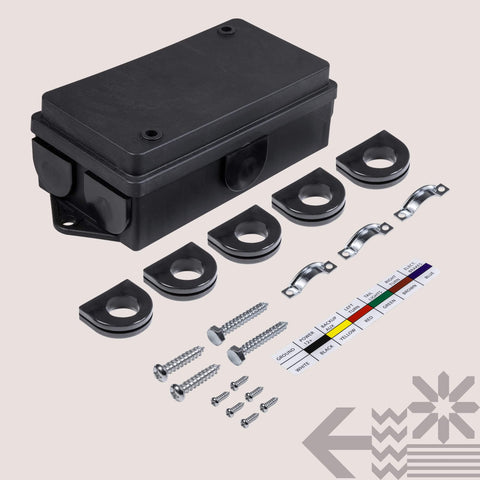 7-Way Trailer Wiring Junction Box With Waterproof 7-Pin Terminal Block and mounting hardware displayed