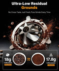 Game Changer Burr Coffee Grinder With Single Dose Design And Super Quiet Dc Motor showing stainless steel burr and coffee grounds.