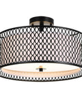17 Inch Semi Flush Mount Ceiling Light Fixture With Three Light E26 Base Dope Modern Double Drum Design In Matte Black Iron Mesh Cage With Glass Diffuser For Living Room Bedroom Hallway And Entryway Black Finish