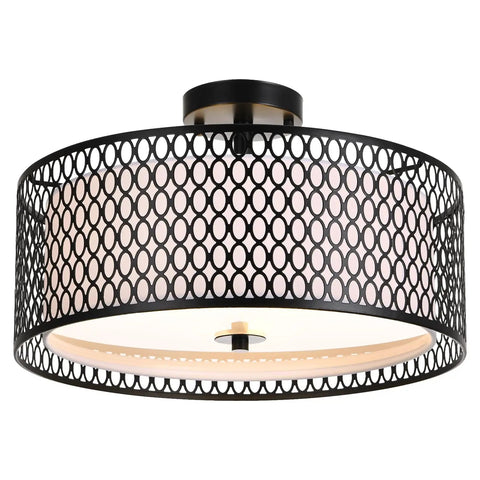17 Inch Semi Flush Mount Ceiling Light Fixture With Three Light E26 Base Dope Modern Double Drum Design In Matte Black Iron Mesh Cage With Glass Diffuser For Living Room Bedroom Hallway And Entryway Black Finish