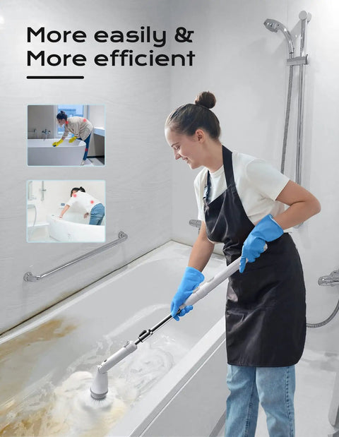 Person using Cordless Electric Spin Scrubber With Dual Speed Settings, Extendable Arm, And Four Replaceable Heads for tub cleaning