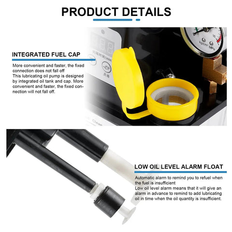 Automatic Lubrication Pump With 0 To 1.6 MPa Pressure Gauge And Low Oil Level Alarm 110V Digital CNC Oil Pump with fuel cap and alarm float detail.