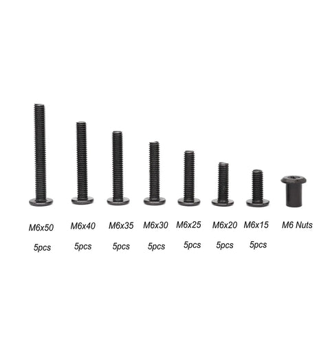 Assorted M6 bolts in varying lengths with M6 nuts, black zinc plated from the M6 Furniture Connector Bolts And Barrel Nuts Set