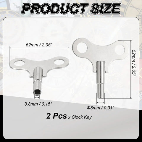 Two Pack Wrench Clock Keys For Winding Clocks, 3.8mm Hole, 52mm Long Steel Clock Keys For Mechanical Alarm Clocks, Silver Tone
