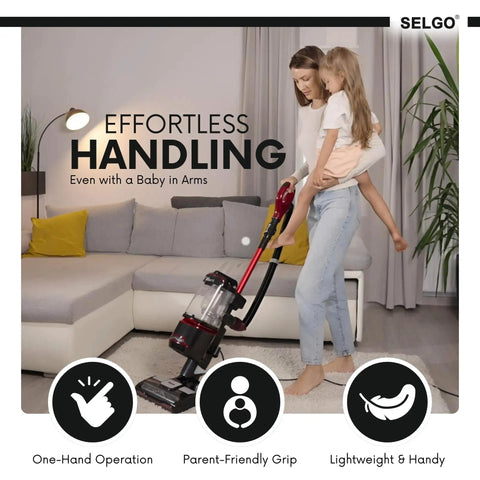 Woman using upgraded replacement hose handle for vacuum models ZU561 ZU562 ZU560 UV725 UV650 with child in arms, quick click install.