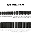 One Half Inch Drive Impact Socket Master Set With Seventy Pieces Includes SAE And Metric Sockets From Five Sixteenth To One And One Quarter Inch Shallow And Deep Sockets Ratchet Handle Extension Bar And Adapters Chrome Vanadium With Black Phosphate Finish, showing standard and deep sockets.