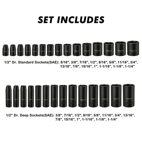One Half Inch Drive Impact Socket Master Set With Seventy Pieces Includes SAE And Metric Sockets From Five Sixteenth To One And One Quarter Inch Shallow And Deep Sockets Ratchet Handle Extension Bar And Adapters Chrome Vanadium With Black Phosphate Finish, showing standard and deep sockets.