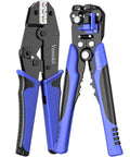 3 In 1 Wire Stripper Cutter And Crimping Tool For Heat Shrink Connectors And Insulated Terminals, Automatic Stripping For AWG 24 To 10, Ratchet Crimper For AWG 22 To 10, Fast Pro Grade Crimps With Clean, Precise Results, blue handles, close-up view.