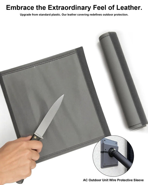 AC Outdoor Unit Wire Protective Sleeve and leather covering for enhanced outdoor protection with knife for scale.