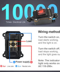 Waterproof Inline Toggle Switch With Dual Outlet And Red Rocker Button Plus Indicator Light For Outdoor Use, wiring diagram shown.