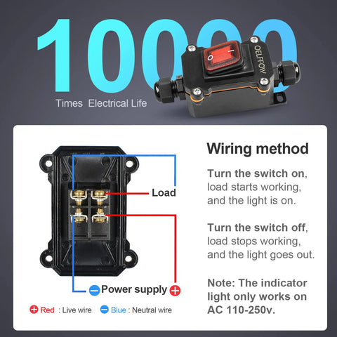 Waterproof Inline Toggle Switch With Dual Outlet And Red Rocker Button Plus Indicator Light For Outdoor Use, wiring diagram shown.
