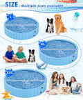 Graphic showing 2-In-1 Dog Pool And Splash Pad For Backyard Fun in three sizes: 47-inch, 63-inch, and 71-inch, with children and dogs.
