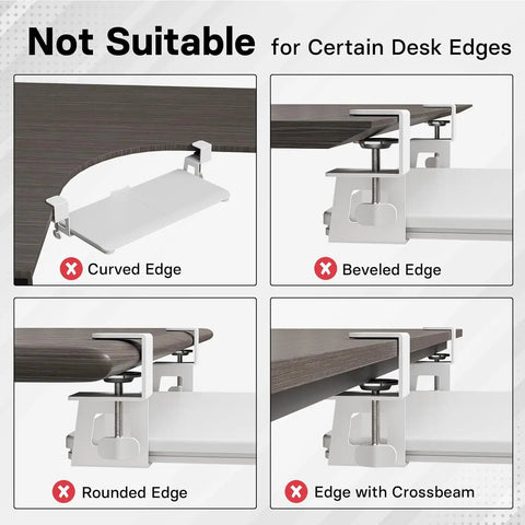 Image showing desk edges unsuitable for the Under Desk Keyboard Tray With Smooth Pull Out Track and correct mounting instructions.