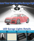 Two Pack 160W LED Shop Light With 6+1 Adjustable Panels illuminating a red car, highlighting adjustable panels and features.