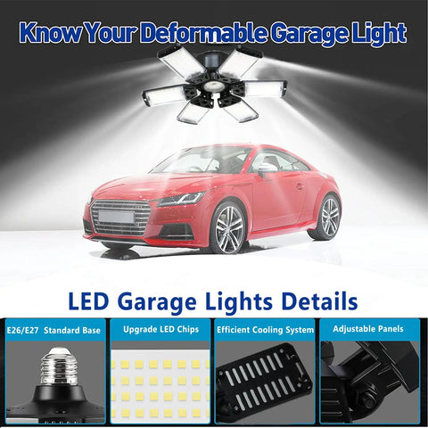 Two Pack 160W LED Shop Light With 6+1 Adjustable Panels illuminating a red car, highlighting adjustable panels and features.