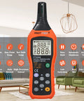 Digital Temp and Humidity Meter with Dew Point and Wet Bulb, Indoor Outdoor Hygrometer, PT6508, shown with backlit LCD display.