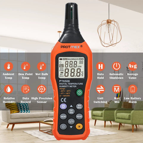 Digital Temp and Humidity Meter with Dew Point and Wet Bulb, Indoor Outdoor Hygrometer, PT6508, shown with backlit LCD display.
