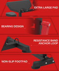 Detailed view of extra large pad, bearing design, resistance band anchor loop, and non-slip footpad on 2 In 1 Bicep And Tricep Curl Machine With Adjustable Preacher Arm And Plate Loaded Design For Home Gym Red